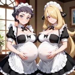 2girls 2pregnancy ai_generated cynthia_(pokemon) diantha_(pokemon) female maid maid_apron maid_headdress maid_outfit maid_uniform multiple_females multiple_girls multiple_pregnancies pokemon pokemon_dppt pokemon_xy pregnant pregnant_belly pregnant_belly_to_pregnant_belly pregnant_female