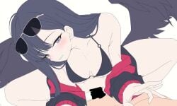 1boy 1girls animated bikini black_bikini black_hair black_jacket black_wings blue_archive breasts censored clothed_sex cowgirl_position eyewear_on_head female grey_eyes grin ichika_(blue_archive) ichika_(swimsuit)_(blue_archive) jacket jacket_partially_removed justice_task_force_(blue_archive) light-skinned_female light-skinned_male light_skin long_hair looking_at_viewer male_pov medium_breasts nametake_(nekoyasya12172) no_sound pov smile solo_focus straddling straight sunglasses swimsuit tagme trinity_general_school_student vaginal_penetration video wings