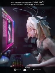 1boy 3d 3d_(artwork) 3d_render astolfo_(fate/apocrypha) blender blender_(artwork) blender_(software) blender_cycles blonde_hair bunny_ears chisahito computer computer_monitor condom condom_balloon dialogue discord_logo discord_username facial_markings fapping femboy frustrated glowing_eyes heat horny indoors keyboard looking_at_screen masturbation musk musk_clouds ribbons rule34 sitting steaming_body tanktop text, tissue_box trap twitter_logo twitter_username yellow_eyes