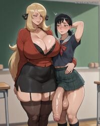 1futa 1girls aesterai ai_generated ankle_socks bangs big_penis black_hair blonde_hair blue_eyes blush bra bra_peek bra_visible_through_clothes brown_eyes cardigan chainsaw_man classroom cleavage collarbone cynthia_(pokemon) embarrassed erect_penis female flaccid foreskin futanari garter_straps girthy_penis hairclip hesitant hi_res higashiyama_kobeni high_resolution highres hug huge_cock kobeni_higashiyama lace-trimmed_bra large_testicles long_hair looking_at_breasts mature_female mature_futa milf miniskirt nintendo pencil_skirt penis penis_out pokemon pokemon_dppt ponytail saggy_balls school_uniform schoolgirl seductive seductive_look seductive_smile short_ponytail sidelocks single_sidelock skirt stockings teacher testicles thighhighs tight_clothing tight_skirt uncircumcised uncut waist_grab