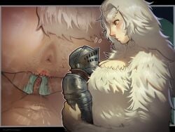 1boy anal_hair anus armor body_fur breasts chosen_undead commentary crossbreed_priscilla dark_souls_(series) dark_souls_i dragon_girl erection female fluffydango flying_sweatdrops full_armor giant giantess grey_hair highres hug huge_breasts imminent_penetration priscilla_the_crossbreed pubic_hair pussy