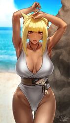 1girls armpits arms_up beach big_breasts blonde_hair cat_ears catgirl female female_only final_fantasy final_fantasy_xiv large_breasts lowres miqo'te necklace ocean one-piece_swimsuit pose red_eyes rock sand sea sgk sky solo swimsuit tan tan_skin tongue tongue_out