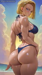 ai_generated android_18 ass back beach bikini blonde_hair blue_bikini blue_eyes breasts cloud dandanhub dragon_ball dragon_ball_super dragon_ball_z earrings female from_behind jewelry large_breasts looking_at_viewer looking_back medium_breasts ocean outdoors shiny shiny_skin short_hair sideboob sky solo swimsuit tan tanlines thighs thong thong_bikini wet