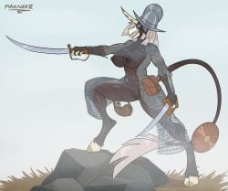 absurd_res anthro armor breasts chainmail confident_female equid equine female female_anthro genitals hi_res holding_object holding_weapon horn mammal maxner12 melee_weapon muscular muscular_arms mythological_creature mythological_equine mythology nipples nude nude_anthro nude_female pose shield solo standing sword unconvincing_armor unicorn vulva weapon