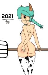 amber_eyes annie_(skullgirls) ass ass_grab bikini_top braided_hair cow_print cowgirl female female_only grabbing_own_ass green_hair horns looking_at_viewer looking_back pale-skinned_female pale_skin pitchfork skullgirls smirk stockings thick_thighs year_of_the_cow