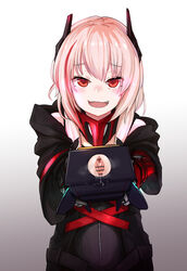 :d artificial_vagina bangs blush dinergate_(girls'_frontline) female girls'_frontline gradient gradient_background headgear hood hooded_jacket jacket looking_at_viewer m4_sopmod_ii_(girls'_frontline) mechanical_arms oerba_yun_fang og_(erfv4822) onioning open_mouth pink_hair pussy pussy_juice red_eyes ro635_(dinergate) sex_toy smile what