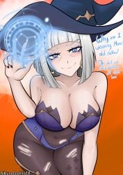 1girls barbeloth_(genshin_impact) belly belly_button big_breasts bodysuit genshin_impact hat inviting kurodahlia18 large_breasts magic nail_polish older_female pantyhose ripped_pantyhose smile solo solo_female solo_focus suggestive talking talking_to_viewer thick_thighs v_sign wide_hips wrinkles
