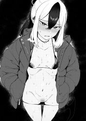 absurdres bikini_pull black_background blue_archive blush breasts chocolate_on_nipples choker clothes_pull collarbone commentary earclip embarrassed female female_pubic_hair frown hair_between_eyes hands_in_pockets highres horns jacket kayoko_(blue_archive) long_sleeves low_wings multicolored_hair nipple_piercing nipple_slip nipples open_clothes open_jacket parted_lips piercing ponytail pubic_hair simple_background single_wing small_breasts solo sweat two-tone_hair variant_set wings y4mori_gekko