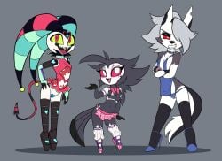 3girls aged_down anthro anthro_female avian beak black_body black_feathers black_hair blush blushing canid canine canis choker cub demon demon_girl eyebrows eyelashes feathers female female_cub female_humanoid female_only fizzarolli_(helluva_boss) flat_chest fur furry furry_female glossypenthouse grey_body grey_fur grey_hair hellaverse hellhound helluva_boss high_heels humanoid humanoid_female loona_(helluva_boss) octavia_(helluva_boss) owl owl_demon owl_girl red_body red_sclera red_skin revealing_clothes ribbon rule_63 small_breasts two-tone_body two-tone_fur two-tone_skin white_body white_eyes white_fur white_skin wolf wolf_girl young young_anthro young_female young_humanoid