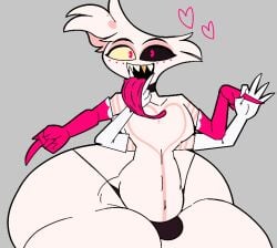 angel_dust_(hazbin_hotel) demon dots femboy femboy_only four_arms furu_flami gay girly hand_gesture hazbin_hotel heart heterochromia oerba_yun_fang pink_pupils spider_humanoid taller_male tempting thick_ass thick_thighs white_fur
