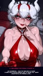 ai_generated beelzebub_(helltaker) heart-shaped_pupils helltaker hi_res holding_object in_love red_eyes red_nails shiny_clothes shiny_skin tight_clothing valentine's_day white_hair
