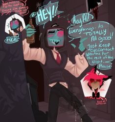 1boy 2boys alastor_(hazbin_hotel) alcohol alley alleyway big_penis bileshroom caught caught_in_the_act cock drunk drunk_bubble exhibitionism exhibitionist gay hazbin_hotel huge_cock large_penis male male_only omorashi peeing peeing_self penis penis_out piss_soaked public public_exposure solo tv urine vox_(hazbin_hotel) yaoi