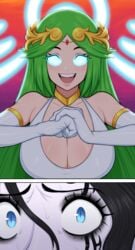 afrobull blue_eyes blue_hair breasts comic crazy_eyes edit elbow_gloves female femdom gloves glowing_eyes green_eyes green_hair huge_breasts imminent_rape imminent_sex kid_icarus leotard long_gloves looking_at_viewer medusa_(kid_icarus) nintendo palutena rape_face smile smiling_at_viewer sweat sweatdrop textless third-party_edit worried