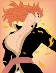 artvi background belt black_clover black_kimono cleavage curvy dynamic_pose excited falling_leaves female flames gold_trim grin highres huge_ass huge_breasts long_hair looking_at_viewer massive_breasts mereoleona_vermillion open_kimono open_mouth orange_background orange_hair pink_ob plump profile sash sharp_teeth side_boob side_view solo spiky_hair tagme thick_thighs white_panties wide_hips yellow_leaves