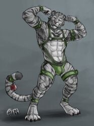 2023 abs accessory anthro armpit_hair bell black_harness body_hair bulge clothed clothing dated ear_piercing ear_stud eyebrow_piercing facial_piercing felid flexing_muscles front_view full-length_portrait furgonomics gay glistening glistening_eyes green_clothing green_eyes green_harness green_jockstrap green_underwear harness head_tuft hi_res homosexual homosexual_male hufnaar jockstrap looking_at_viewer male male/male male_anthro male_focus male_only male_penetrating mammal muscular muscular_anthro muscular_male narrowed_eyes navel pantherine partially_colored pecs piercing portrait pose smile solo standing tail tail_accessory tail_bell tiger topless tuft ulbrek underwear whiskers