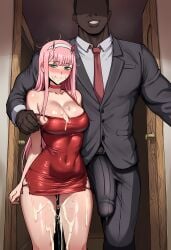 1boy after_paizuri after_sex ai_generated aqua_eyes bare_shoulders blush breasts bulge cheating_\\\\\\\\(relationship\\\\\\\\) choker cleavage closed_mouth collarbone covered_navel cuckold cum cum_on_body cum_on_breasts cum_on_clothes cumdrip dark-skinned_male dark_skin door dress erection erection_under_clothes faceless faceless_male facial female formal green_eyes grin hairband hand_on_another's_shoulder height_difference horns interracial large_breasts long_hair looking_at_viewer necktie netorare open_door pants pencil_dress pink_hair red_choker red_dress red_horns red_necktie shirt short_dress sleeveless sleeveless_dress smile standing straight straight_hair strap_slip stray_pubic_hair suit sweat white_hairband white_shirt zero_two_(darling_in_the_franxx) zeulzin