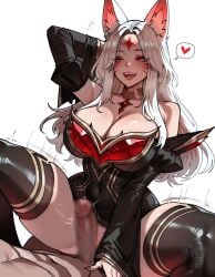 ahri ahri_(league_of_legends) ai ai_art ai_generated armpit assertive_female cleavage cowgirl_position facial_markings femdom fox_ears fox_girl heart immortalized_legend_ahri large_breasts league_of_legends multicolored_hair red_eyes thick_thighs trembling whisker_markings