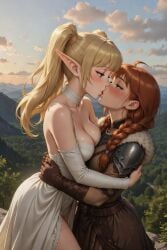 2girls ai_generated bending_forward blonde_hair blue_eyes blushing_at_partner braided_twintails cowlick dawn dress dwarf_female elf_female embracing_each_other fantasy female/female female_only forest_background freckles green_eyes height_difference large_breasts leather_clothing leather_gloves light-skinned_female long_hair looking_at_partner lovers loving_gaze married_couple mountainous_horizon pointy_ears red_hair romantic shoulder_pads twintails wholesome wife_and_wife yuri