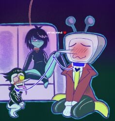 1girls 2boys artist_request deltarune female femdom kris_(dark_world_form) kris_(deltarune) kris_female_(deltarune) leash_and_collar leashed_female leashed_male spamton_g_spamton tenna_(deltarune)