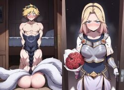 1boy 2girls ahri ahri_(league_of_legends) ai_assisted ai_generated animal_ears armor ass blonde_hair blue_eyes blush bouquet braided_ponytail breastplate breasts caught caught_cheating caught_in_the_act cheating doorway embarrassed ezreal facial_mark flower fox_tail goggles goggles_on_head holding holding_bouquet league_of_legends luxanna_crownguard meme multiple_girls nay_juno netorare ntr nude open_door red_flower red_rose rose sexy sexy_pose smile surprised tail valentine's_day whisker_markings