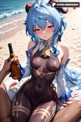 1boy 1girls 2025 ahoge ai_assisted ai_generated anime artist_name bare_shoulders beach bell black_leotard blue_hair blush bodystocking bottle breasts cameltoe covered_navel detached_sleeves ganyu_(genshin_impact) goat_horns grinding hi_res high_quality high_resolution highres holding holding_bottle horns long_hair looking_at_viewer patreon patreon_username purple_eyes see-through sitting stable_diffusion straight vision_(genshin_impact) watermark