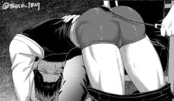2boys ass bent_over big_ass blush bubble_butt gay gintama gintoki_sakata halftone hijikata_toshiro looking_back male male_only monochrome on_lap pants_around_thighs pants_down police_officer police_uniform riding_crop screentone shinsengumi_(gintama) solo_focus spanking spanking_ass sweat thighs underwear whip whipping yaoi zuo_1029