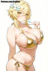 ai_generated arm_behind_back bangs bikini blonde_hair blush breasts cleavage closed_mouth erothus female flower genshin_impact hair_flower hair_ornament hoyoverse large_breasts looking_at_viewer lumine_(genshin_impact) mihoyo navel short_hair_with_long_locks side-tie_bikini_bottom simple_background skindentation solo swimsuit thighs white_background yellow_bikini yellow_eyes