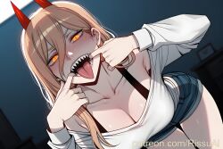 1girls 2026 ai_generated bending_over blonde_hair blush chainsaw_man day daytime demon demon_girl demon_horns denim denim_shorts female female_only hair_between_eyes hand_on_mouth indoors inside long_sleeves looking_at_viewer open_mouth power_(chainsaw_man) red_horns rissuai room sharp_teeth short_shorts showing_teeth tongue_out white_shirt yellow_eyes
