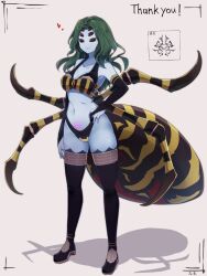arm_at_side arthropod_girl blue_skin breasts carapace colored_skin commentary_request commission extra_eyes female full_body green_hair hand_on_own_hip heart highres medium_breasts monster_girl original pubic_tattoo shadow skeb_commission smile solo spider_girl standing tattoo thighhighs yonaga_san