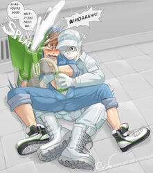 2boys b_cell_(hataraku_saibou) cum cum_gun ejaculation english_text femboy firearm gay hataraku_saibou hyper_cum male male_only penis_milking penis_milking_machine penis_pump radx26 rifle water_gun weapon white_blood_cell_(hataraku_saibou)