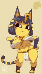 :< animal_crossing ankha anthro areola big_breasts blue_hair breasts clothing curvy_figure dark_nipples egyptian felid feline felis female fur furry furry_only hi_res jewelry large_breasts leokingdom loincloth navel nintendo simple_background solo standing tail thick_thighs thighs video_games wide_hips yellow_fur