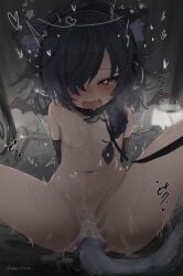 absurdres animal_ear_fluff animal_ears black_bow black_collar black_hair black_wings blush bow braid cat_ears censored censored_with_cum collar commentary_request commission cum cum_in_pussy cum_on_body cum_on_stomach cum_overflow cumdrip demon_wings detached_wings female grey_eyes hair_over_one_eye halo headphones heart heart-shaped_pupils highres leash long_hair looking_at_viewer mini_wings multicolored_hair name_tag nude oerba_yun_fang one_eye_covered open_mouth partial_commentary paw_print ringed_eyes shinkaiobake single_braid sitting skeb_commission skin_fang solo spread_legs streaked_hair sweat symbol-shaped_pupils tail viewer_holding_leash vrchat wings