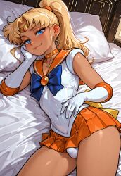 ai-created ai_art ai_generated bed_sheet bedroom bedroom_background bedroom_eyes bedroom_setting blonde_hair blue_eyes bulge bulge_through_clothing bulge_under_clothes cosplaying_as_character earrings evilex5 femboy hand_on_cheek hand_on_head hand_on_hip long_hair looking_at_viewer small_breasts small_bulge small_butt smaller_male solo_dickgirl solo_femboy tan_skin tanned_femboy tanned_skin