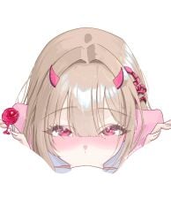 1boy absurdres blush candy demon_horns fellatio female food goddess_of_victory:_nikke hair_intakes highres holding holding_candy holding_food holding_lollipop horns jacket kiki_(akasaka0818) lollipop long_hair looking_at_viewer meme mole mole_under_eye negative_space negative_space_cunnilingus_(meme) oral pink_hair pink_jacket simple_background solo_focus viper_(nikke) white_background