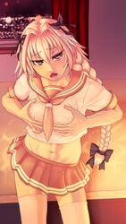 1boy astolfo_(fate) blush braids crossdressing fate/grand_order fate_(series) femboy hard_nipples pink_eyes pink_hair ribbon ribbons rimviolet school_uniform seductive skirt solo surprised teasing trap white_skin window