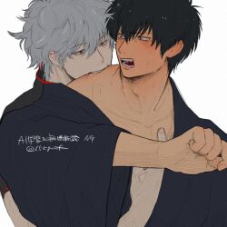 15kgmf 2boys biting biting_neck black_hair blush gay gintama gintoki_sakata groping groping_from_behind hijikata_toshiro kimono looking_at_another looking_back male male_only neck_bite pale-skinned_male pale_skin surprised sweat upper_body white_hair yaoi