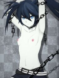 1girls armpits artist_request belt black_choker black_rock_shooter black_rock_shooter_(character) blue_eyes breasts chained chains choker high_resolution highres long_hair nipples pale-skinned_female pale_skin pink_nipples shorts small_breasts solo solo_female twintails