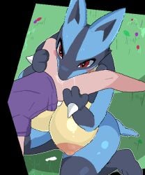 animated anthro areola big_breasts blush bodily_fluids breasts cum duo female generation_4_pokemon genital_fluids genitals human human_on_anthro interspecies lucario male male/female mammal nintendo nipples nude oral penis pokemon pokemon_(species) sky_necko