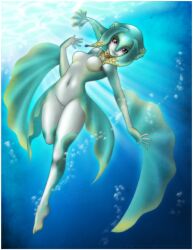 1girls animal_humanoid aquatic blue_hair breasts bubble featureless_breasts female fin fish fish_humanoid hair humanoid jewelry looking_at_viewer marine_humanoid navel nintendo nude nude_female nude_humanoid ocarina_of_time princess_ruto purple_eyes raised_leg sea skinny_dipping solo the_legend_of_zelda twilightzant underwater water zora