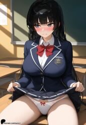 ai_generated black_hair blue_eyes blush bow bow_panties breasts classroom clothes_lift desk dress_lift female jacket lifted_by_self long_hair oc original original_character original_characters panties red_bow reika school_desk school_uniform sitting skirt skirt_lift skirt_lifted_by_self sunori underwear white_panties