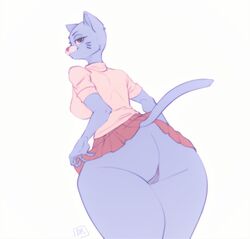 absurd_res anthro ass big_breasts big_butt blue_body blue_fur bottomwear breasts cartoon_network clothed clothing clothing_lift curvy_figure darkriallet domestic_cat felid feline felis female fur genitals hi_res huge_butt looking_back mammal mature_anthro mature_female nicole_watterson portrait pussy signature simple_background skirt skirt_lift solo standing the_amazing_world_of_gumball thick_thighs three-quarter_portrait voluptuous white_background