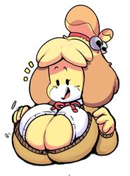 2018 alone animal_crossing big_breasts boob_window bow bra breasts buttons canid canine cleavage colored elchilenito female girl happy huge_breasts isabelle_(animal_crossing) nintendo solo surprised undershirt wardrobe_malfunction white_background