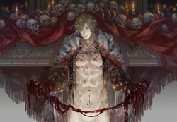 1boy abs alfred_(bloodborne) blonde_hair blood bloodborne bloody_clothes bloody_hands blue_eyes candle cape chest_hair closed_mouth collarbone detailed detailed_background fire flame fromsoftware guro highres holding holding_organ indoors male_focus navel organs painting_(artwork) pilgrim_(silentreverie) pubic_tattoo ribs sideburns skull smile solo white_cape