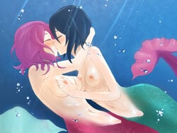 2girls ardi bermuda_triangle_colorful_pastrale black_hair blush breast_grab breasts bubble closed_eyes commentary couple ferma grabbing kissing large_breasts medium_breasts mermaid monster_girl multiple_girls navel nipples ocean purple_hair pussy pyuu_(the_last_assassins) short_hair sunlight underwater yuri