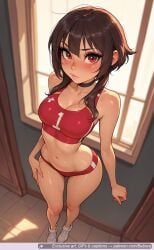 above ai ai_assisted ai_generated alternate arms at bare bebora bikini black blurry blush body bra breast breasts brown buruma choker cleavage closed collarbone female freckles from full hair indoors konosuba lips long_locks looking medium megumin mouth navel patreon red red_eyes shoes short short_hair shoulders sidelocks size sneakers solo sports standing stomach tan viewer