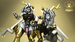 16:9 3d_(artwork) 4k absurd_res anthro antlers balls big_breasts blue_eyes bovid breasts bulge caprine clothed clothing digital_media_(artwork) duo female fur gdbr-1 genitals goat grey_body grey_fur gynomorph hair hi_res horn intersex jackalope lagomorph leporid looking_at_viewer mammal melee_weapon partially_clothed penile penis pseudoregalia rabbit simple_background smile source_filmmaker_(artwork) sword sybil_(pseudoregalia) tail topwear watermark weapon widescreen