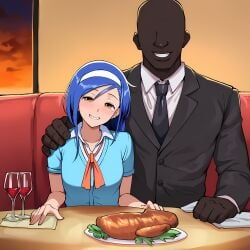 1boy ai_generated alcohol blue_hair blush brown_eyes cuckold cup dark-skinned_male dark_skin drinking_glass faceless faceless_male female food formal furuhashi_fumino grin hairband hand_on_another's_shoulder handkerchief indoors long_hair looking_at_viewer mole mole_under_eye napkin necktie netorare plate shirt short_sleeves sitting smile straight suit table white_hairband white_shirt wine wine_glass yellow_eyes zeulzin