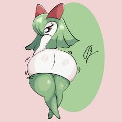 absurd_res anthro ass ass_up big_butt butt_focus clothed clothing eddiebrije female generation_3_pokemon genitals hair hi_res kirlia looking_at_viewer nintendo not_furry pokemon pokemon_(species) red_eyes simple_background smile solo vulva white_body wide_hips