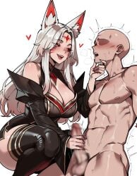 1boy ahri ahri_(league_of_legends) ai ai_art ai_generated assertive_female bald cleavage faceless_male facial_markings femdom fox_ears fox_girl handjob heart immortalized_legend_ahri large_breasts league_of_legends multicolored_hair red_eyes sitting trembling whisker_markings