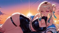 1girls ai_generated armpit_crease balecxi bare_shoulders belt black_skirt blonde_hair blue_hair blue_ribbon blush braid breasts cleavage cleavage_cutout clothing clothing_cutout cloud colored_tips crop_top curvaceous curvaceous_female curvaceous_figure curvy curvy_figure earrings female female_focus french_braid gradient_hair gradient_sky gyaru hair_between_eyes hair_ornament hair_ribbon half-closed_eyes half_updo jacket jewelry large_breasts latex lips long_hair long_sleeves looking_at_viewer lying lynae_(wuthering_waves) makeup midriff miniskirt mole multicolored_clothes multicolored_hair navel off_shoulder on_side open_clothes open_jacket orange_sky outdoors pencil_skirt puckered_lips purple_eyes pursed_lips ribbon skindentation skirt skull_hair_ornament sky sleeveless solo sun sunrise sunset thick_thighs thigh_strap thighs two-tone_hair virtual_youtuber voluptuous voluptuous_female white_belt white_jacket wide_hips wuthering_waves